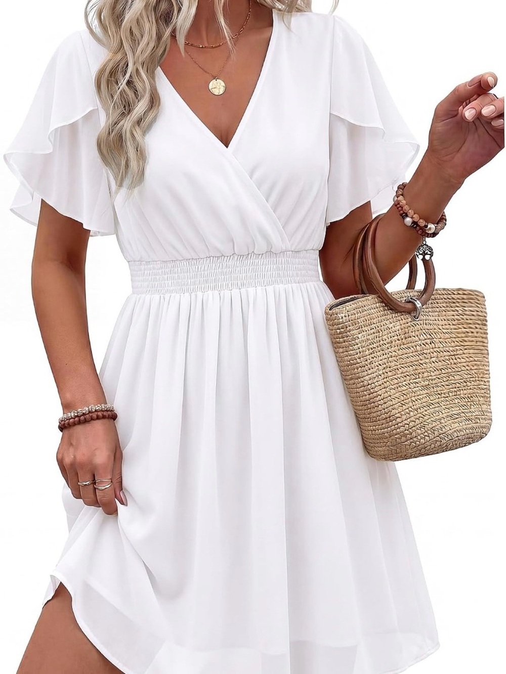 Women's White Smocked Waist V-Neck Summer Dress